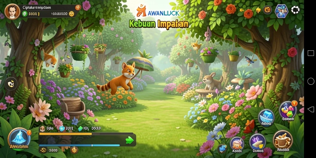 Tangkapan layar menampilkan gameplay seru dalam AWANLUCK dengan kebun yang indah.
