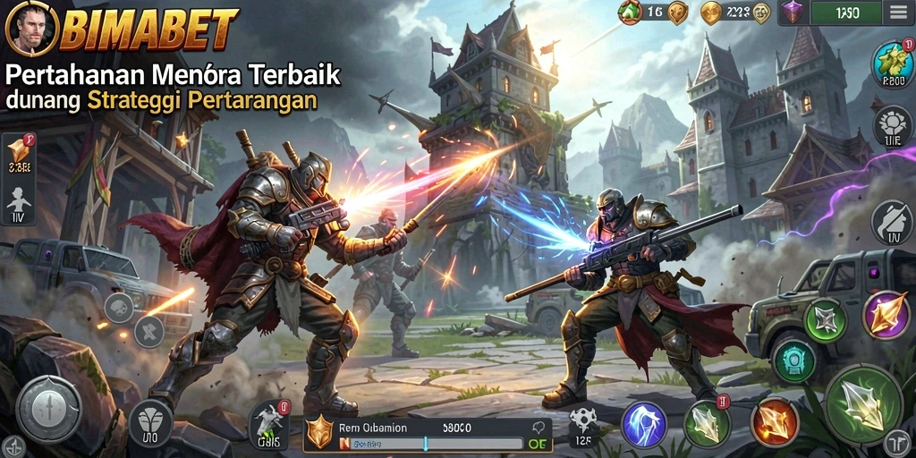Tampilan gameplay seru dalam <strong>BIMABET</strong> dengan pertahanan menara menghadapi musuh.
