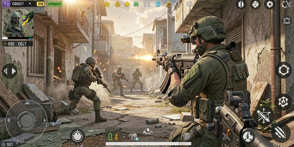 Screenshot menunjukkan aksi menembak intens di COO77.