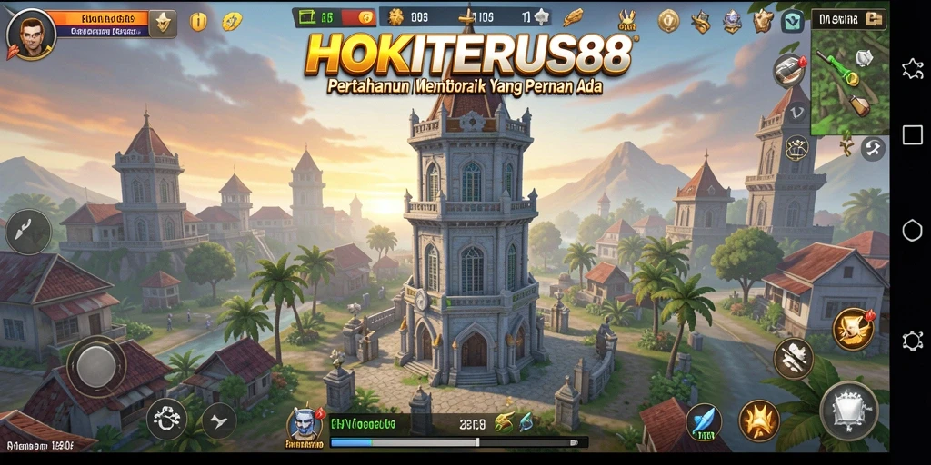 Screenshot gameplay HOKITERUS88 menampilkan serangan tower yang epik.