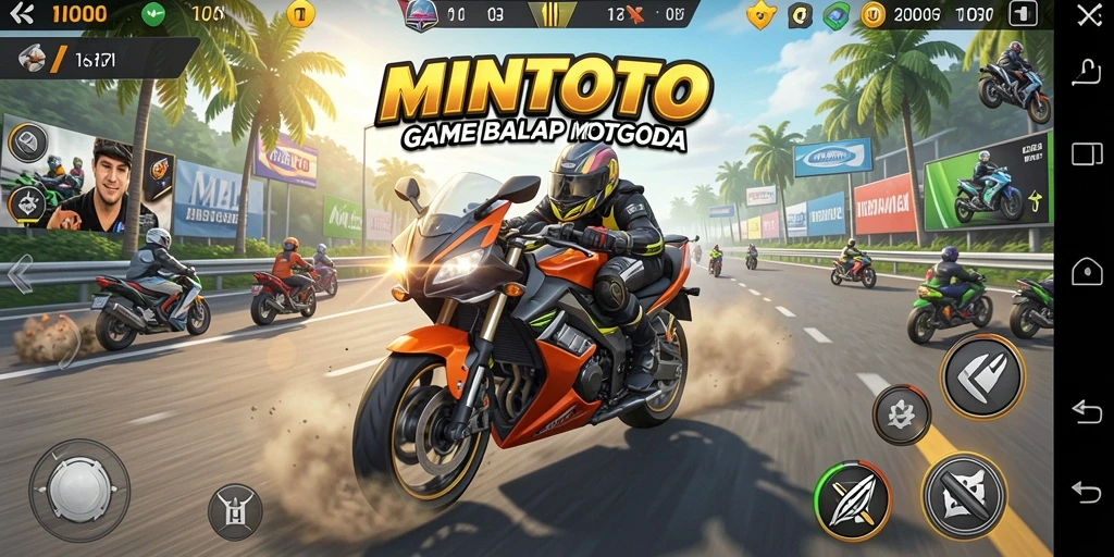 Screenshot gameplay MINTOTO dengan balapan motor yang mendebarkan.