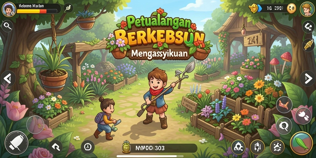 Screenshot MPO303 yang menampilkan kebun hijau yang subur dan hewan ternak.