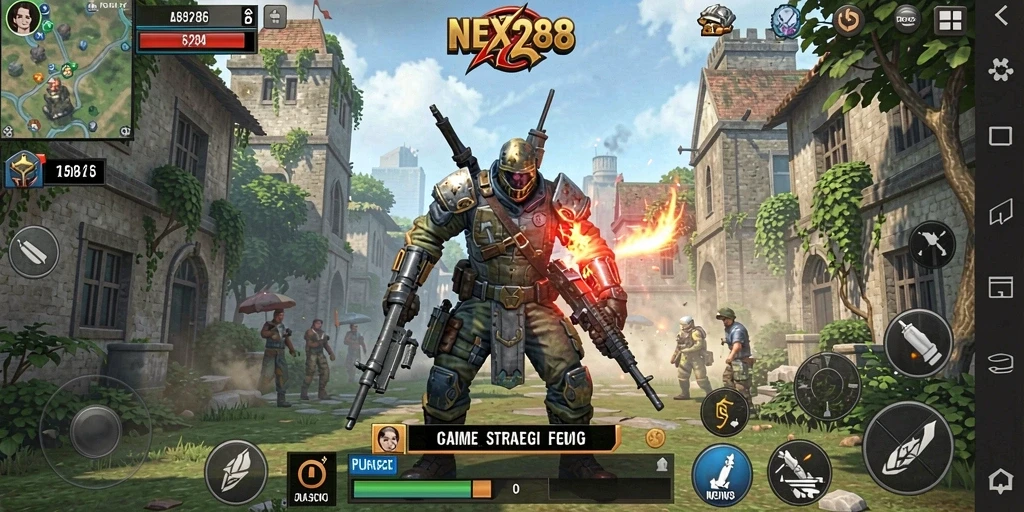 Screenshot gameplay NEX288 menunjukkan pertempuran strategi yang epik.
