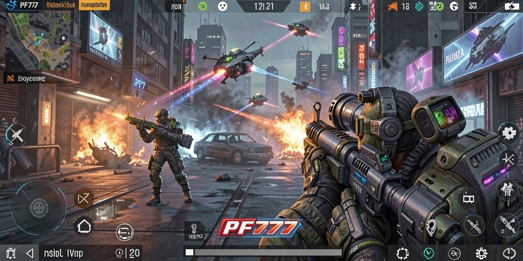 Tampilan aksi epik dalam gameplay PF777 dengan senjata futuristik.