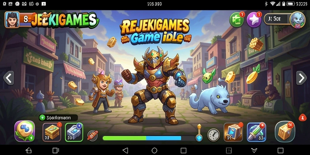 Screenshot gameplay REJEKIGAMES dengan karakter Idle yang aktif.