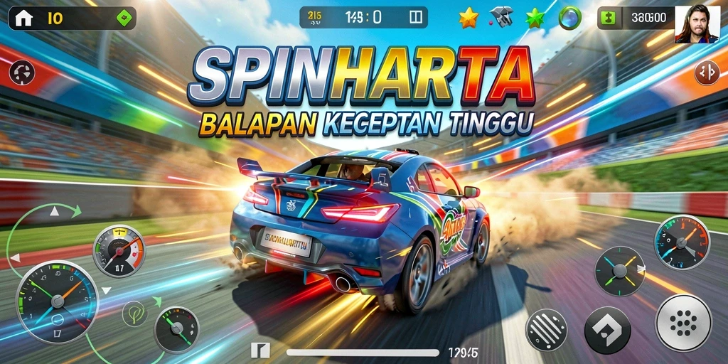 Tampilan gameplay SPINHARTA yang penuh aksi dan kecepatan.