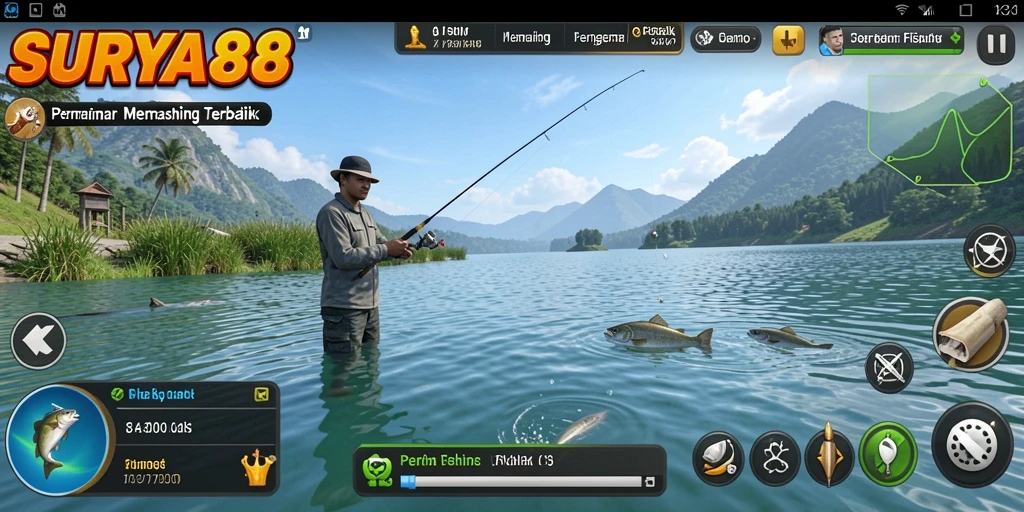 Screenshot gameplay SURYA88 menampilkan aksi seru saat memancing di laut.